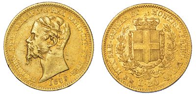 Regno di Sardegna. Vittorio Emanuele II di Savoia, 1849-1861. 20 Lire 1859. Genova.