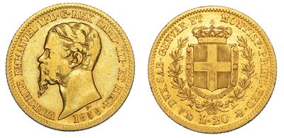 Regno di Sardegna. Vittorio Emanuele II di Savoia, 1849-1861. 20 Lire 1858. Genova.