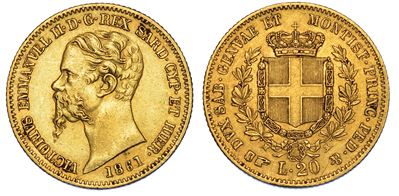Regno di Sardegna. Vittorio Emanuele II di Savoia, 1849-1861. 20 Lire 1861. Torino.