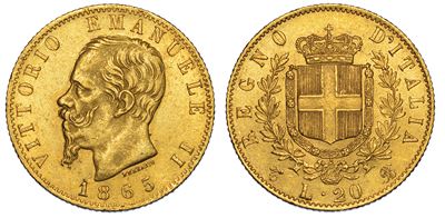 Regno D'italia. Vittorio Emanuele II di Savoia, 1861-1878. 20 Lire 1865. Torino.