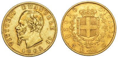 Regno D'italia. Vittorio Emanuele II di Savoia, 1861-1878. 20 Lire 1862. Torino.