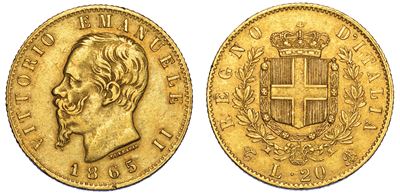 Regno D'italia. Vittorio Emanuele II di Savoia, 1861-1878. 20 Lire 1865. Torino.