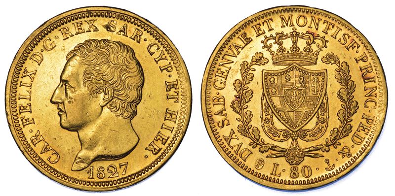 REGNO DI SARDEGNA. CARLO FELICE DI SAVOIA, 1821-1831. 80 Lire 1827. Genova.  - Auction Numismatics - Cambi Casa d'Aste