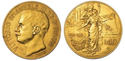 Regno D'italia. Vittorio Emanuele III di Savoia, 1900-1946. 50 Lire 1911. Cinquantenario.
