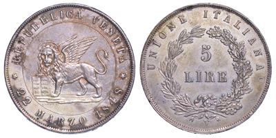 Governo Provvisorio di Venezia, 1848-1849. 5 Lire 1848 (i Tipo).