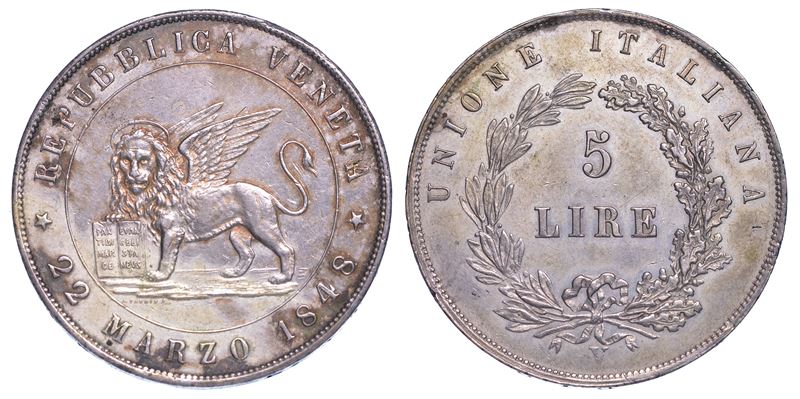 GOVERNO PROVVISORIO DI VENEZIA, 1848-1849. 5 Lire 1848 (I tipo).  - Asta Numismatica - Cambi Casa d'Aste