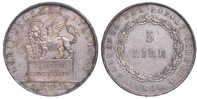 Governo Provvisorio di Venezia, 1848-1849. 5 Lire 1848 (II Tipo).