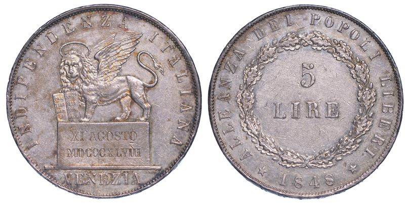 GOVERNO PROVVISORIO DI VENEZIA, 1848-1849. 5 Lire 1848 (II tipo).  - Asta Numismatica - Cambi Casa d'Aste