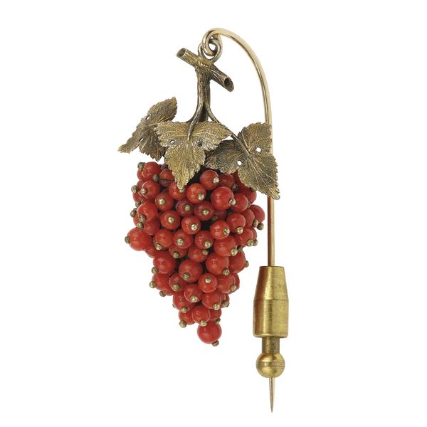 Pair of coral and gold cufflinks and stud and a coral and gold brooch