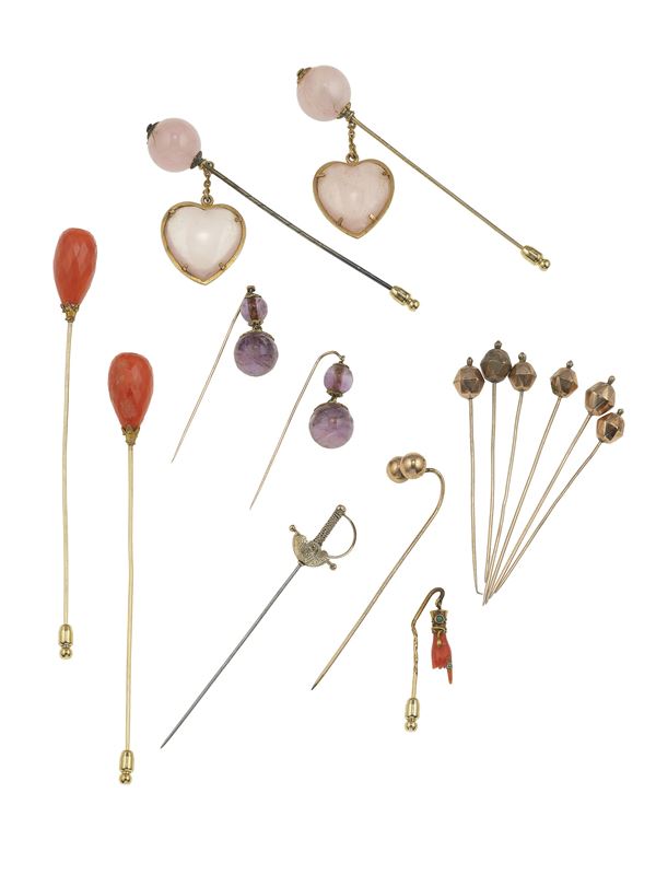 Fifteen hardstone, gold, low-karat gold and metal hatpins