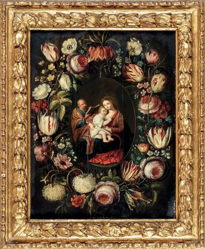 Scuola Fiamminga del XVII Secolo Sacra Famiglia Entro Ghirlanda di Fiori