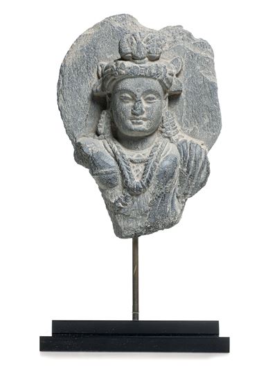 Testa di Bodhisattva Scolpita in Pietra, Gandhara, II Secolo