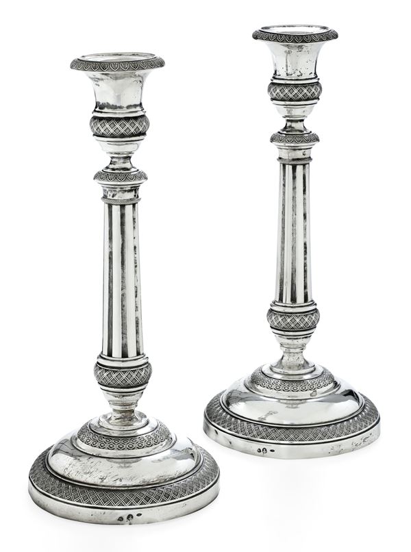 Coppia di candelieri. Novara XIX secolo, argentiere Pietro Cavallo