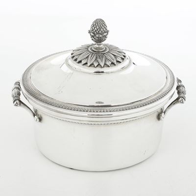 Legumiera, argento fuso e ceramica, Italia XX secolo