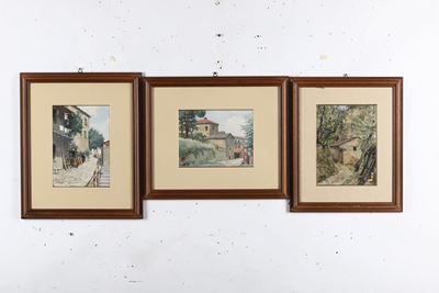 Tre Acquarelli con Paesaggi di Campagna