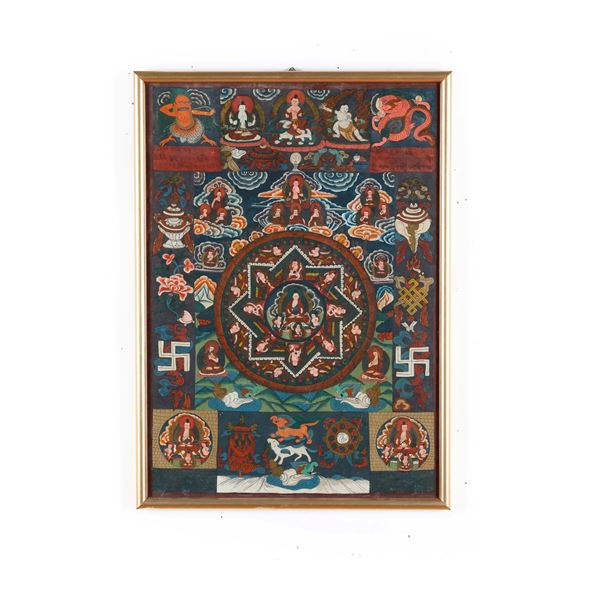 Thangka raffigurante Buddha con divinità e simboli buddisti, Tibet, XIX secolo