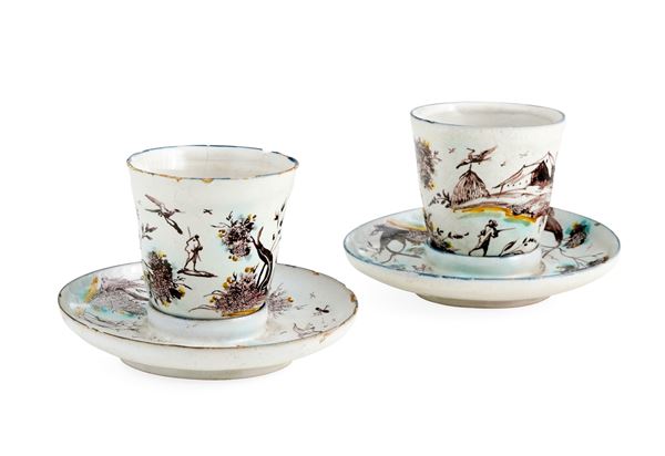 Coppia di tazze con piattino “trembleuse” Savona, Manifattura Chiodo, circa metà del XVIII secolo 