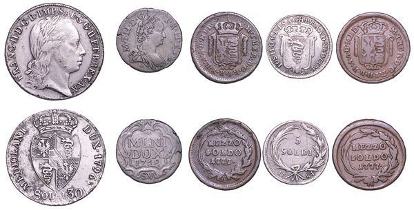 MILANO - DOMINAZIONE AUSTRIACA. Lotto di cinque monete.