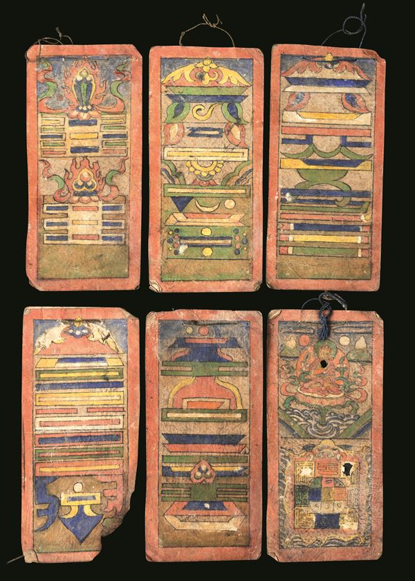 Piccolo libro miniato formato da 6 pagine con decori policromi e iscrizioni, India, XIX secolo