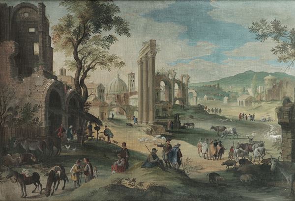 Vedutista romano del XVII secolo Paesaggio romano con contadini e rovine classiche