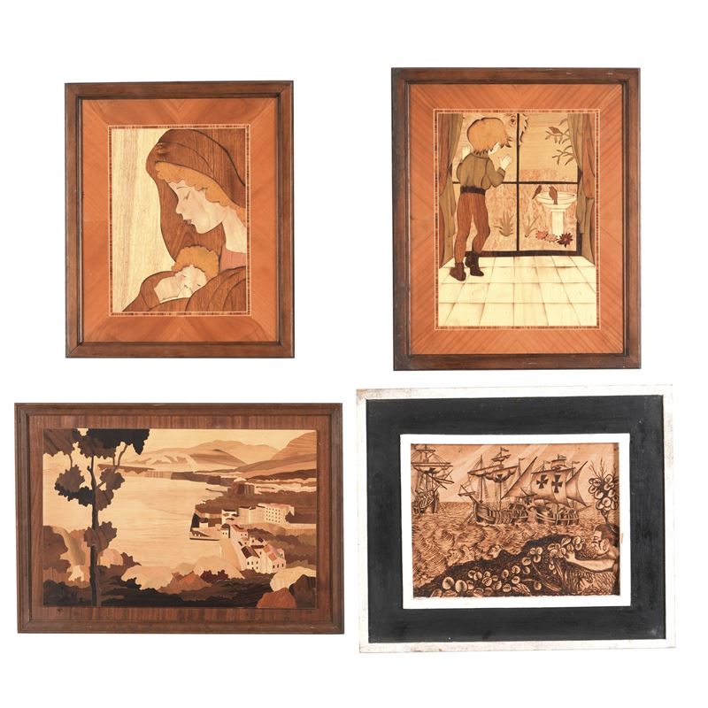 Tre tarsie in legno a soggetti differenti e un pannello pirografato  - Auction Antiques - Cambi Casa d'Aste
