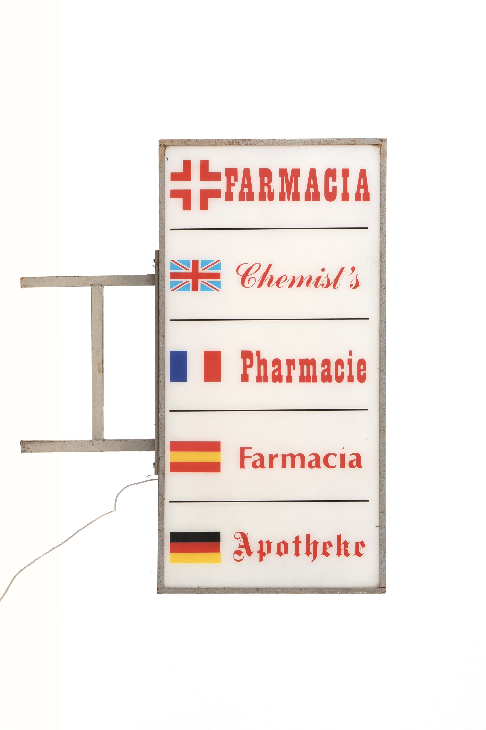 Insegna Luminosa Farmacia Bifacciale in Diverse Ingue.
