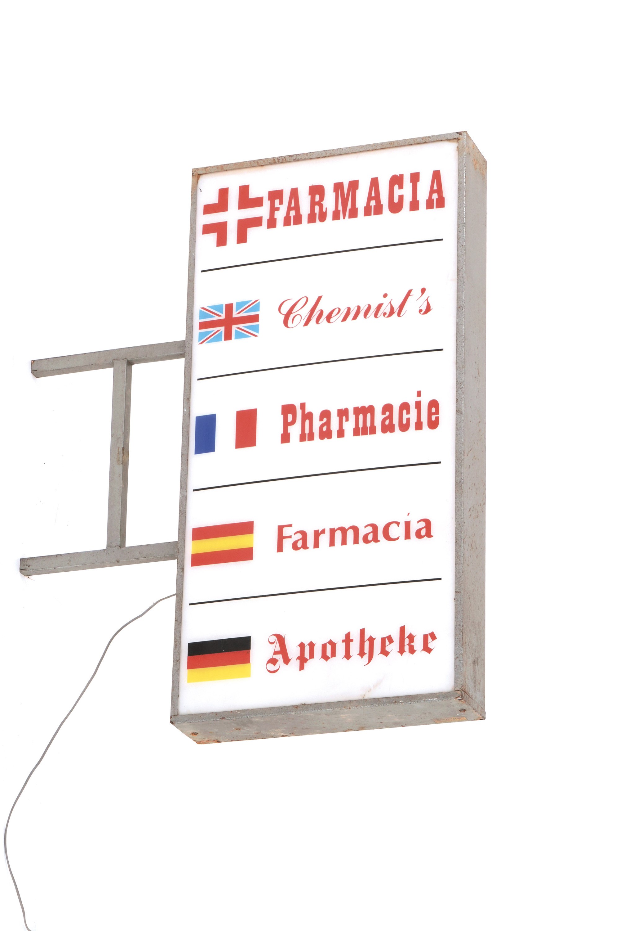 Insegna Luminosa Farmacia Bifacciale in Diverse Ingue.