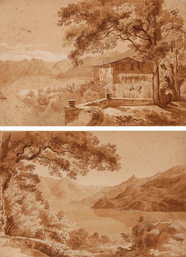 Scuola dell’inizio del XIX secolo Vedute di villa Serbelloni sul lago di Como