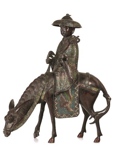 Figura di Saggio che Cavalca un Mulo in Smalto Cloisonné, Giappone, XIX Secolo