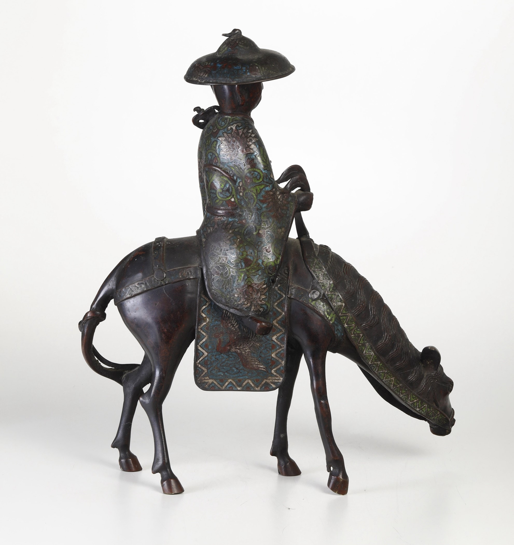 Figura di Saggio che Cavalca un Mulo in Smalto Cloisonné, Giappone, XIX Secolo