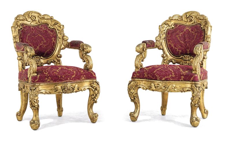 Coppia di poltrone intagliate e dorate. XIX-XX secolo  - Auction Six Centuries of Arts and Furnitures - III - Cambi Casa d'Aste