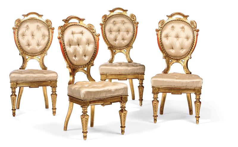 Quattro sedie in legno intagliato e dorato. XIX-XX secolo  - Auction Six Centuries of Arts and Furnitures - III - Cambi Casa d'Aste