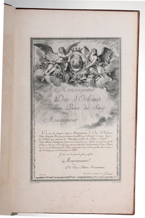Jean Couche “Galerie du Palais Royal”, solo vol. II. Presumibilmente 1786. In 2°, 520 x 330 mm. Mancante del frontespizio inciso. Dedicatoria al Duc de Orleans con grande stemma sollevato in cielo da due angeli. Raccolta di tavole incise raffiguranti nella parte superiore i vari dipinti, spiegati poi dal testo sottostante. Esemplare molto buono, che presenta alcune fioriture e bruniture. Legatura coeva in piena pelle nocciola con fregi e decorazioni in oro e a secco. Lievi abrasioni e difetti al dorso e ai piatti. Proposto come collezione di stampe incise.