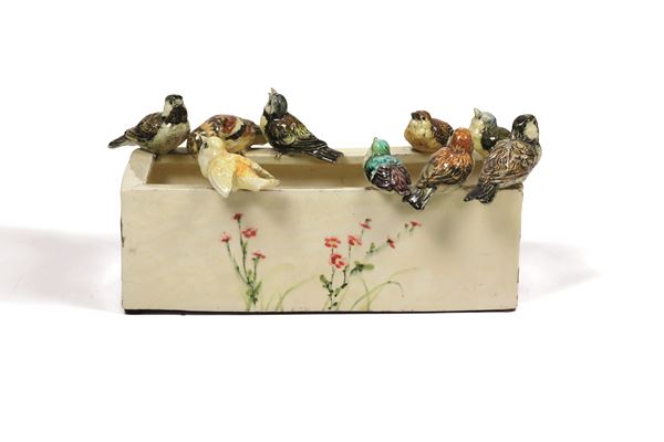 Fioriera con nove uccellini Francia, Valloris, Manifattura di Jérôme Marcier, 1900 circa