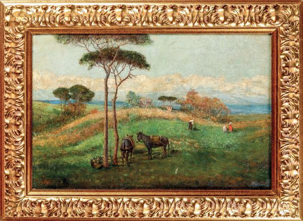Anonimo del XIX-XX secolo Paesaggio con contadini e cavalli