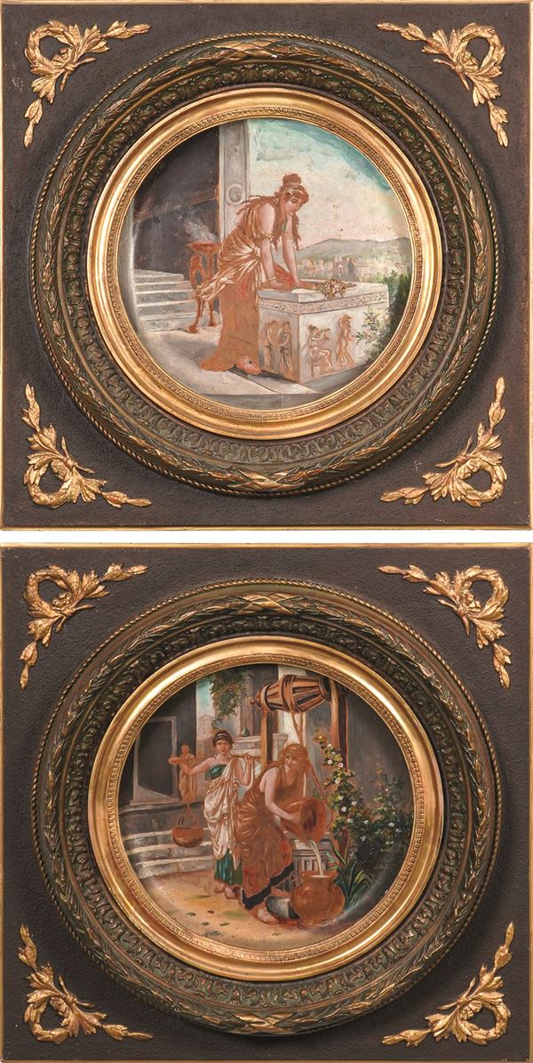 Coppia di piatti decorativi incorniciati Francia, Manifattura di Creil Montereau, fine del XIX secolo (ceramica) Pittore indipendente, 1900 circa (decorazione)