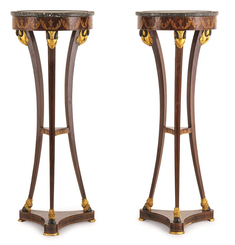 Coppia di gueridons lastronati e intarsiati. XIX secolo  - Auction Six Centuries of Arts and Furnitures - III - Cambi Casa d'Aste