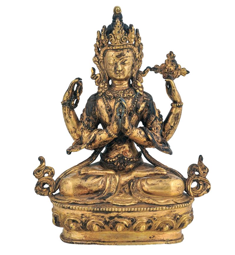 Figura di Avalokiteshvara incoronato in bronzo dorato seduto su fiore di loto, Tibet, XIX secolo  - Asta Sei Secoli di Arti e Arredi - III - Cambi Casa d'Aste