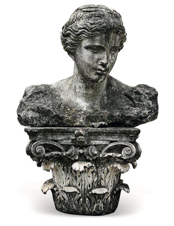 Busto maschile in marmo su capitello. XIX-XX secolo