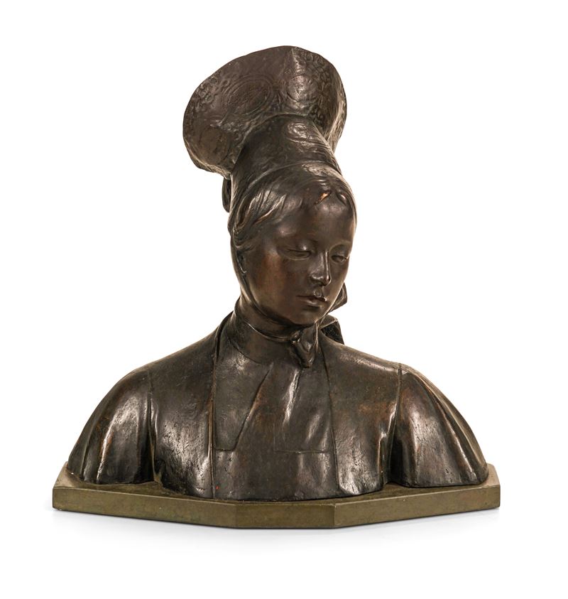 Ragazza in costume di Gressone. Fonditore del XX secolo, da Pietro Canonica (1869-1959)  - Asta Dipinti e Sculture del XIX-XX secolo - II - Cambi Casa d'Aste