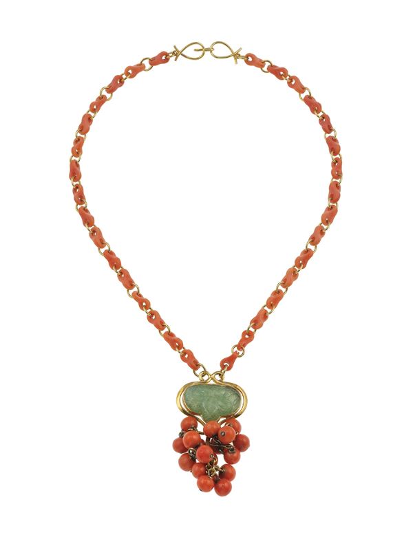 Coral and carved emerald necklace