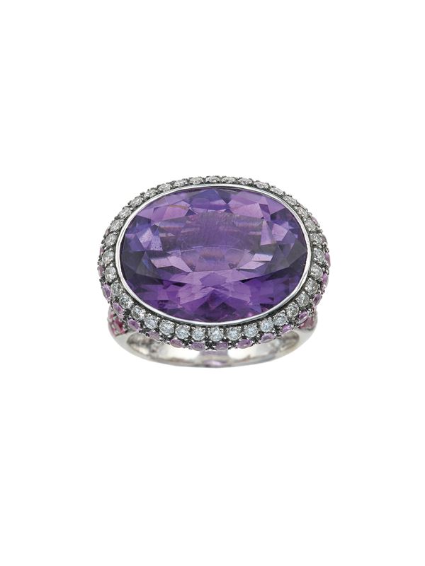 Amethyst, diamond and multicolored sapphire ring. Signed Sabbadini