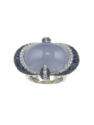Anello in oro bianco con calcedonio cabochon, diamanti e zaffiri