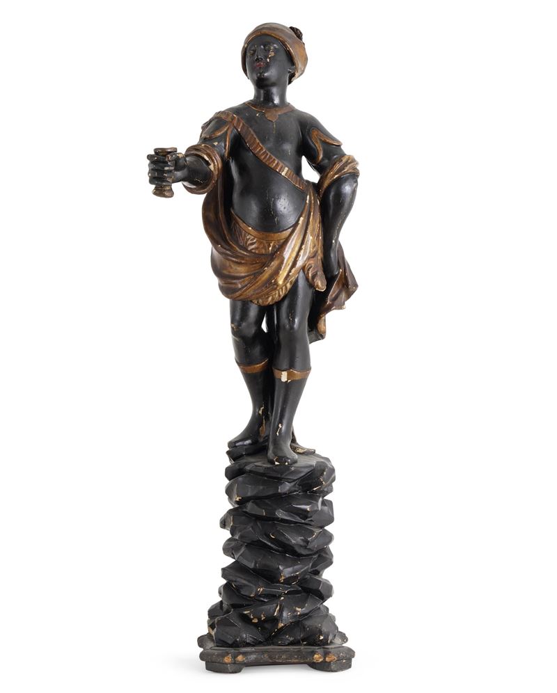 Scultura di moro porta candela in legno ebanizzato e dorato. Veneto, XIX secolo  - Asta Antiquariato - Cambi Casa d'Aste