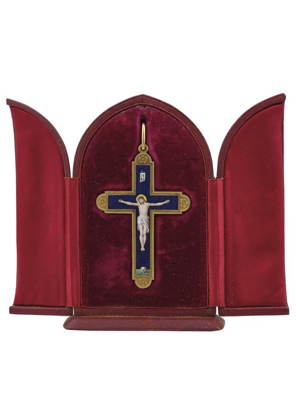 Gold, oro zecchino and enamel crucifix. Fitted case signed Gioielleria Nicoletti, Milano
