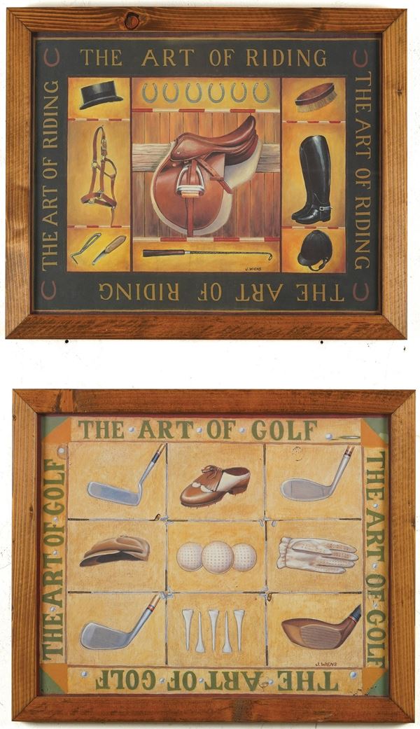 Coppia di riproduzioni in cornice raffiguranti  "Ippica"  e "Golf"