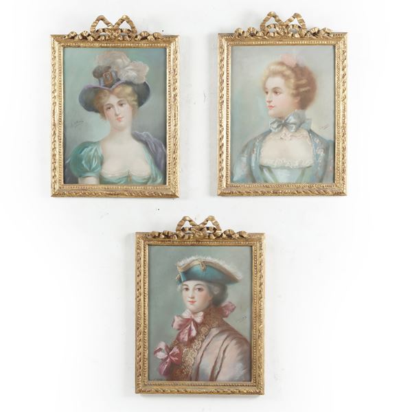 Lotto di tre acquerelli con ritratti settecenteschi. Fine XIX secolo