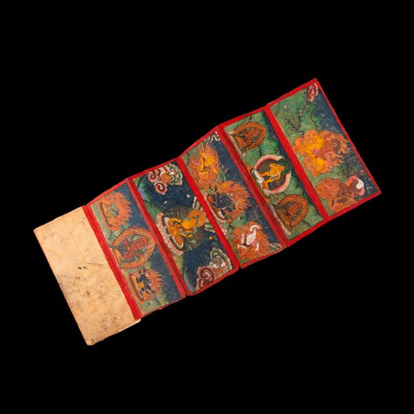 Libro a pagine decorate con scene della mitologia tibetana, Tibet, XIX secolo
