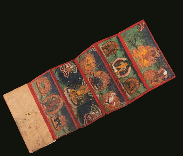 Book with pages decorated with scenes from Tibetan mythology, Tibet, 19th century