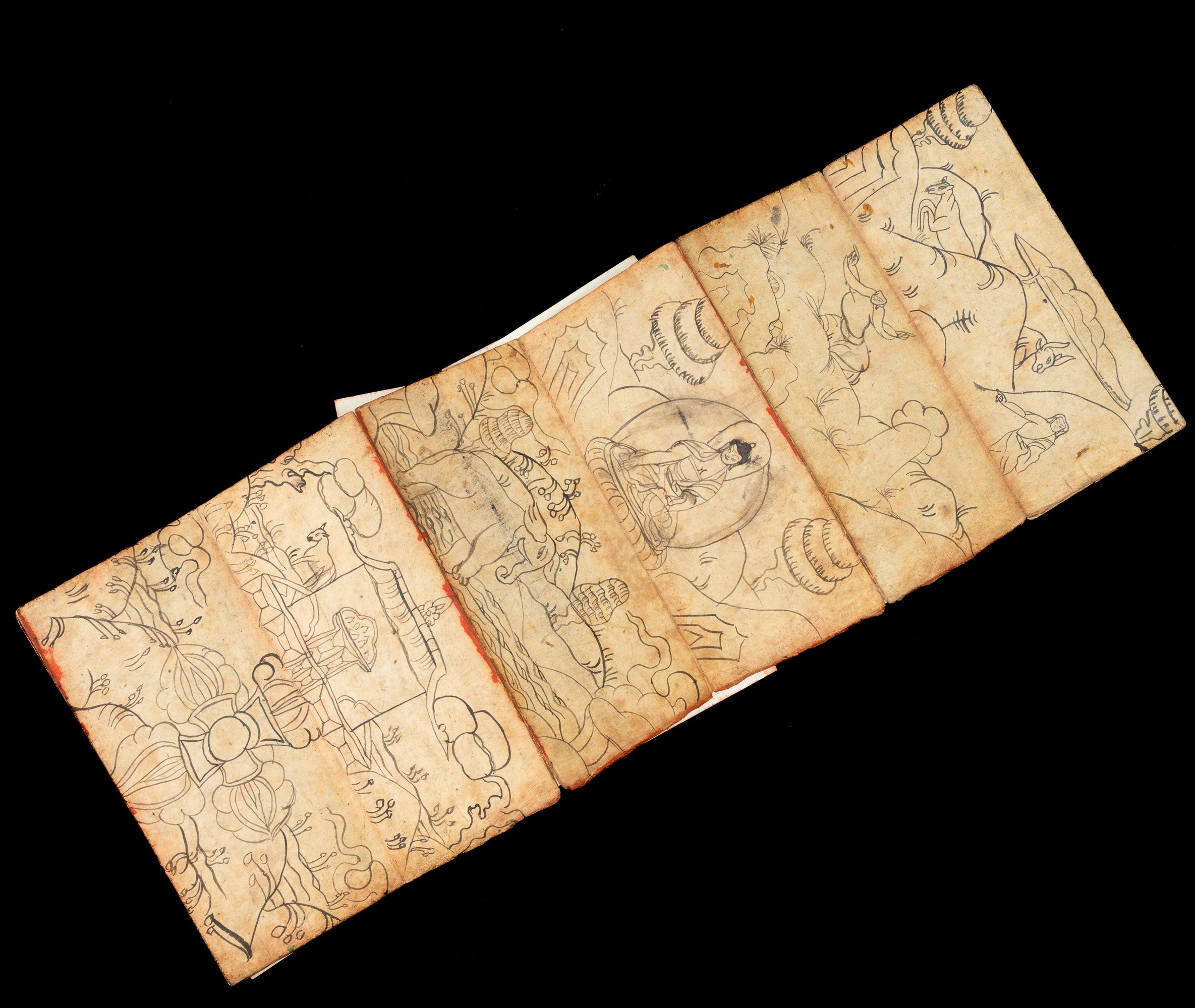 Libro a Pagine Decorate con Scene della Mitologia Tibetana, Tibet, XIX Secolo